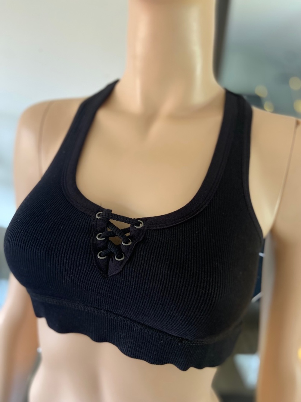 EUC: Ribbed Black Sports Bra with Lace-Up Front S